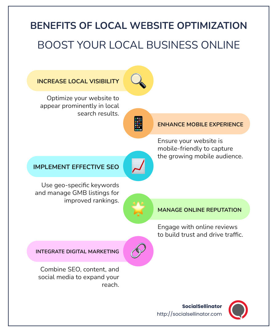 Infographic detailing the benefits of local website optimization, including increased local visibility, mobile user engagement, effective SEO practices, and enhancing online reputation to drive higher local traffic and customer engagement - website optimization near me infographic infographic-line-5-steps-colors