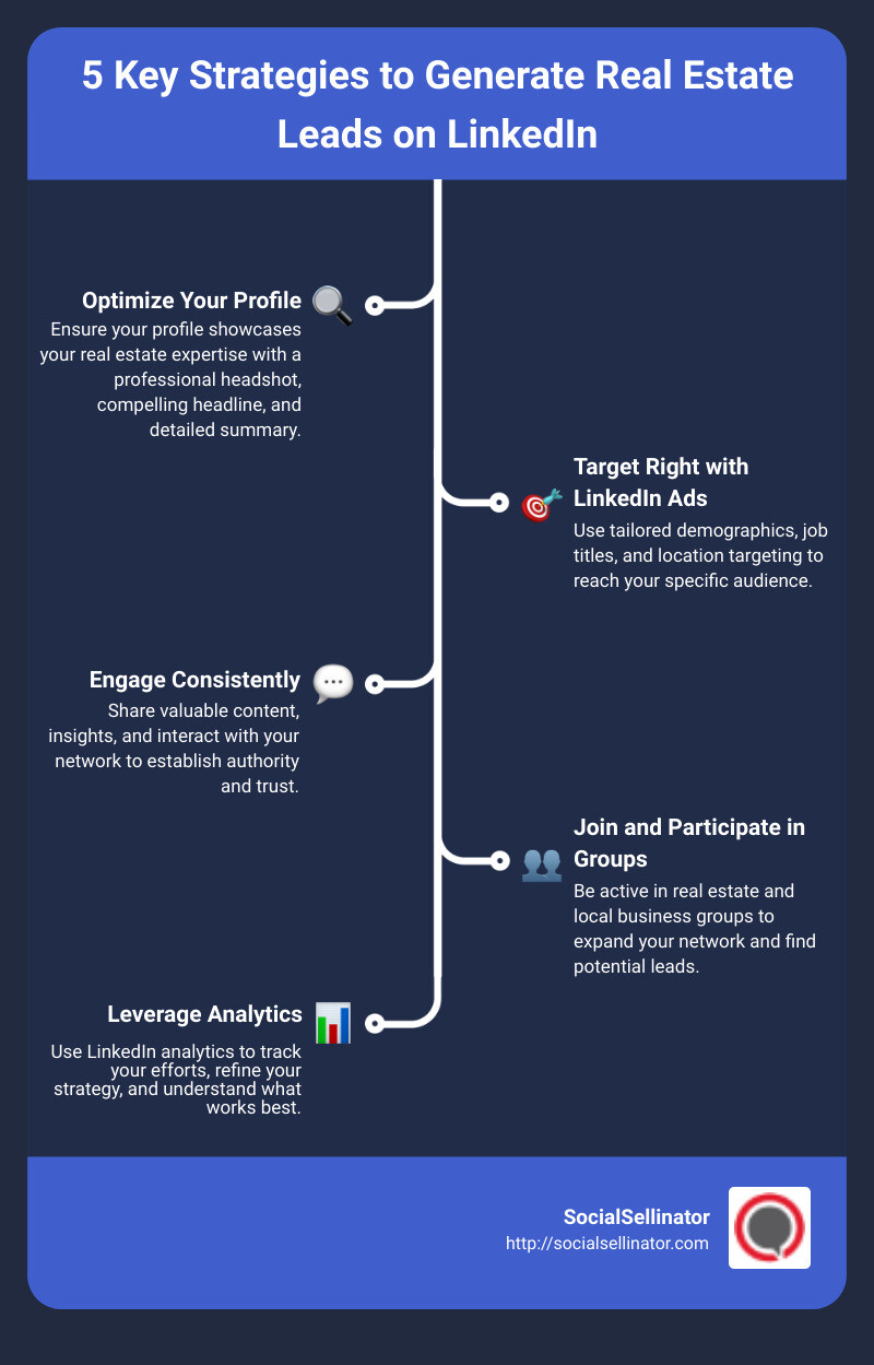 Key strategies to generate real estate leads on LinkedIn including profile optimization, targeted ads, and consistent engagement - how to generate real estate leads on linkedin infographic infographic-line-5-steps