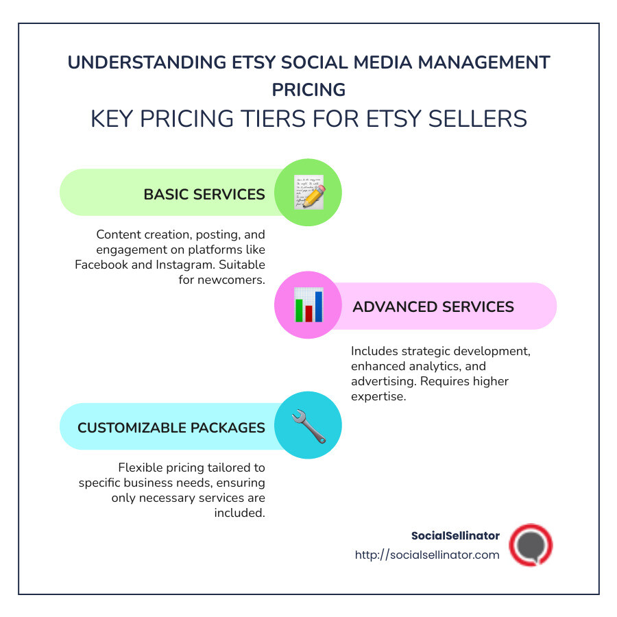 Detailed infographic on Etsy social media management pricing tiers - etsy social media management pricing infographic infographic-line-3-steps-colors
