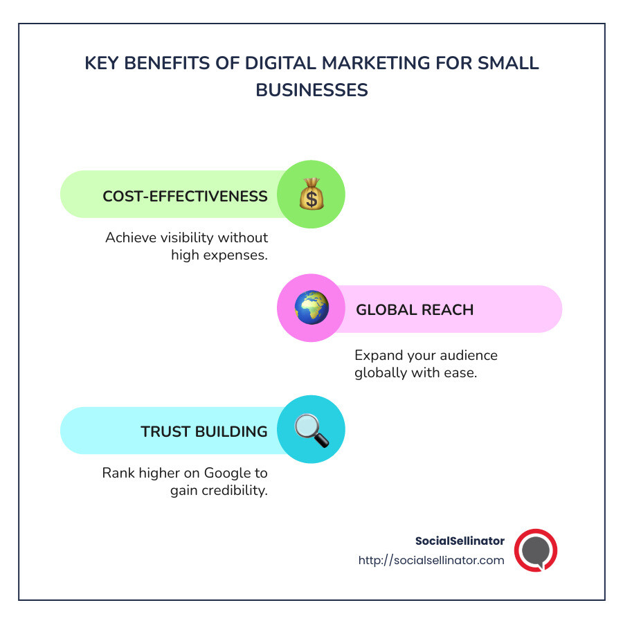 An infographic illustrating key benefits of digital marketing for small businesses, including cost-effectiveness, global reach, and trust-building through SEO and online content, with icons depicting a piggy bank, globe, and magnifying glass - digital marketing for small businesses infographic infographic-line-3-steps-colors