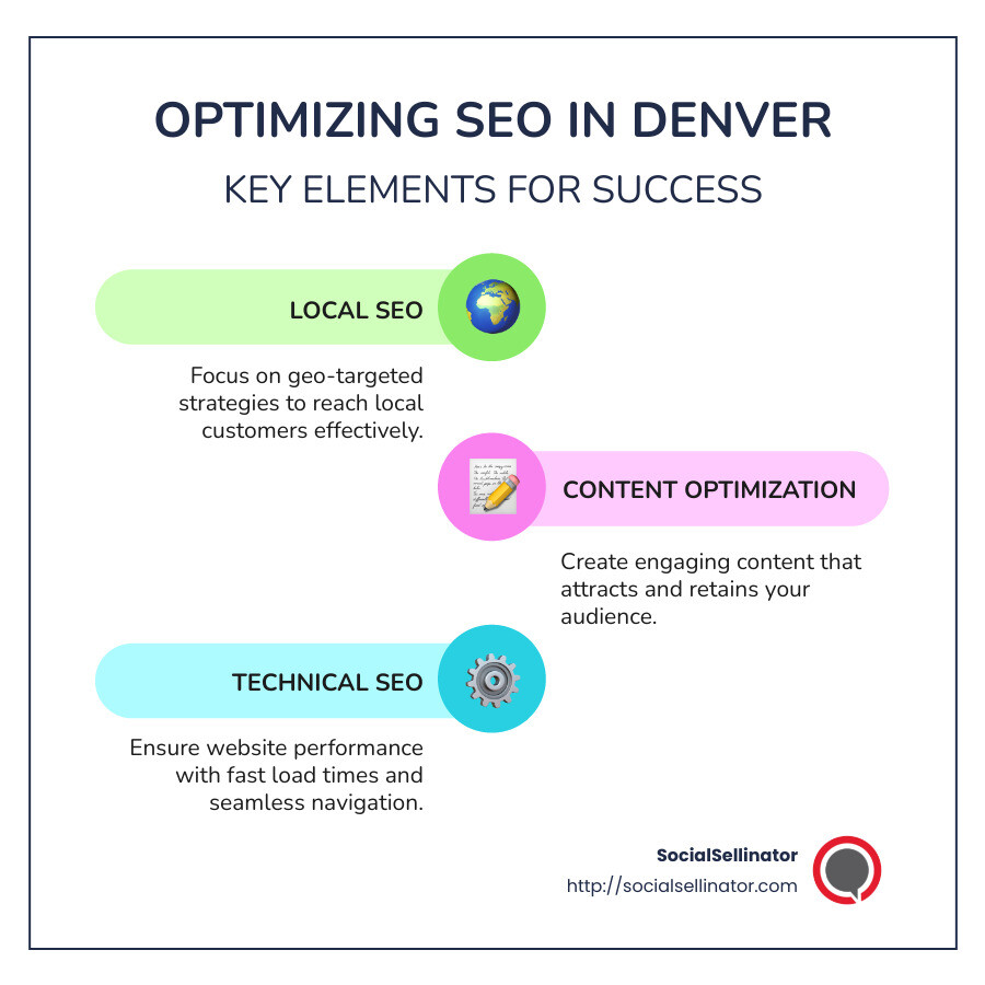 Infographic showing key elements for optimizing search engine optimization Denver, including local SEO, content optimization, and technical SEO, represented as interlocking gears - search engine optimization Denver infographic infographic-line-3-steps-colors