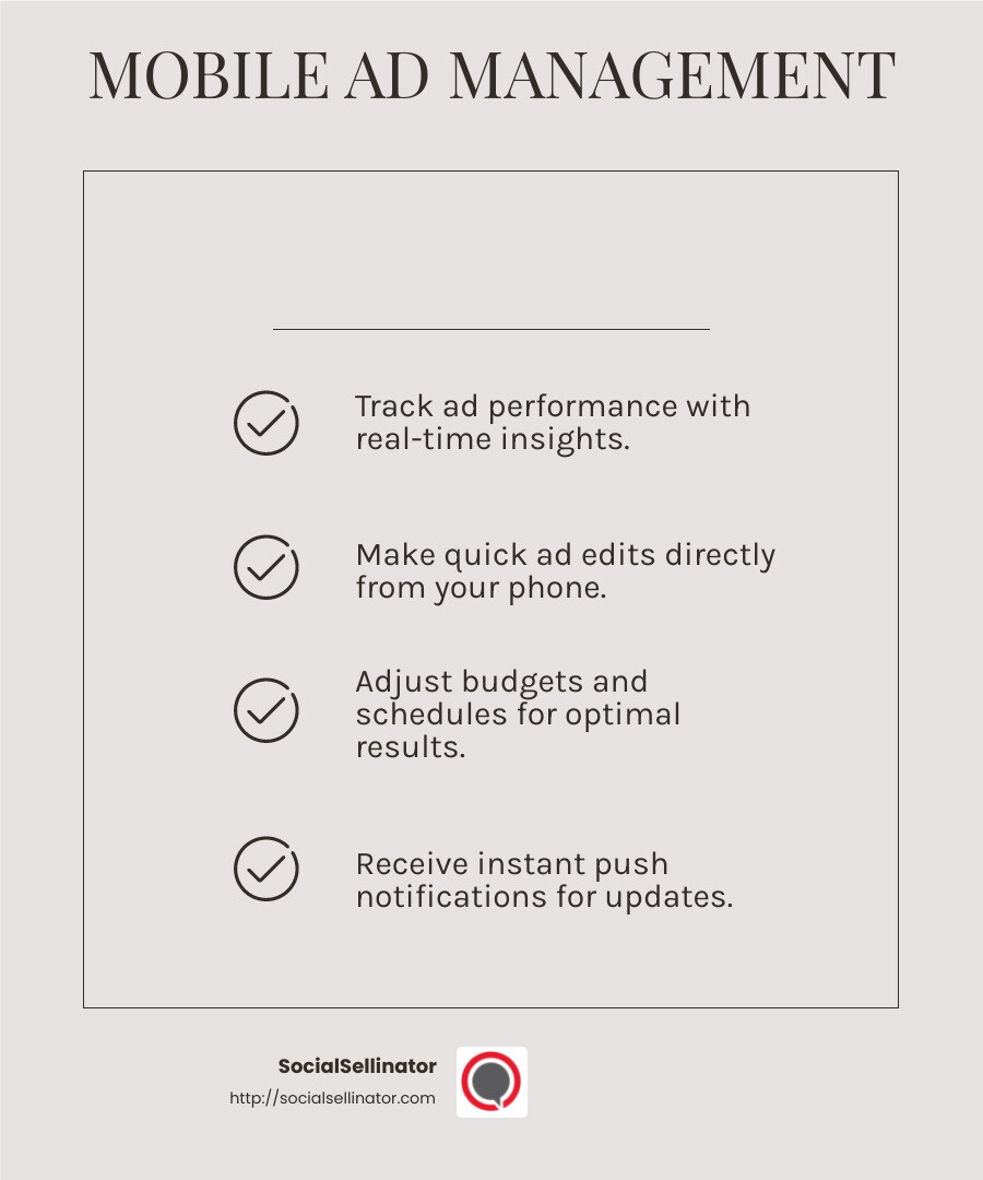 Push notifications keep you informed about your ad campaigns in real-time. - facebook ads manager mobile infographic checklist-light-beige