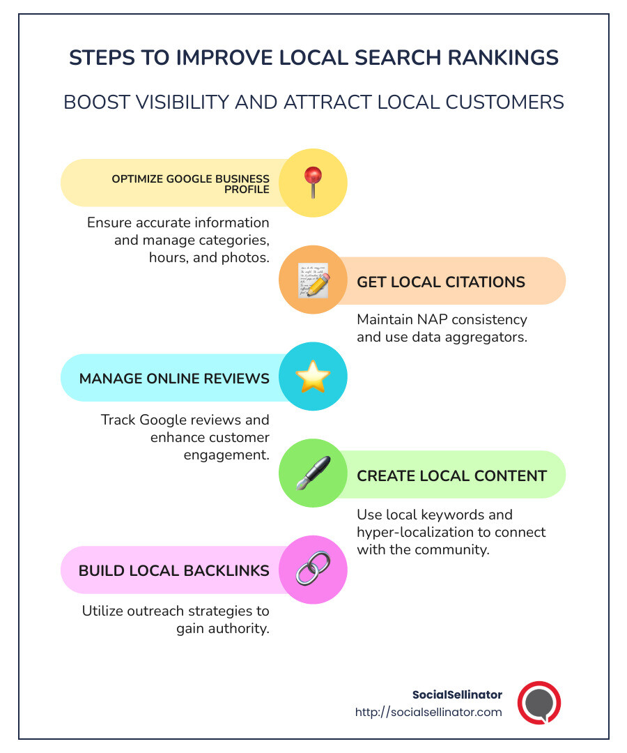 Detailed infographic outlining steps to improve local search rankings, including claiming Google Business Profile, building local backlinks, creating local content, and managing online reviews, presented with relevant statistics and metrics in a visually engaging format. - How to improve local search rankings? infographic infographic-line-5-steps-colors