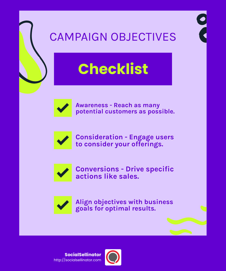 Facebook ad objectives chart - Facebook ad campaign optimization infographic checklist-fun-neon