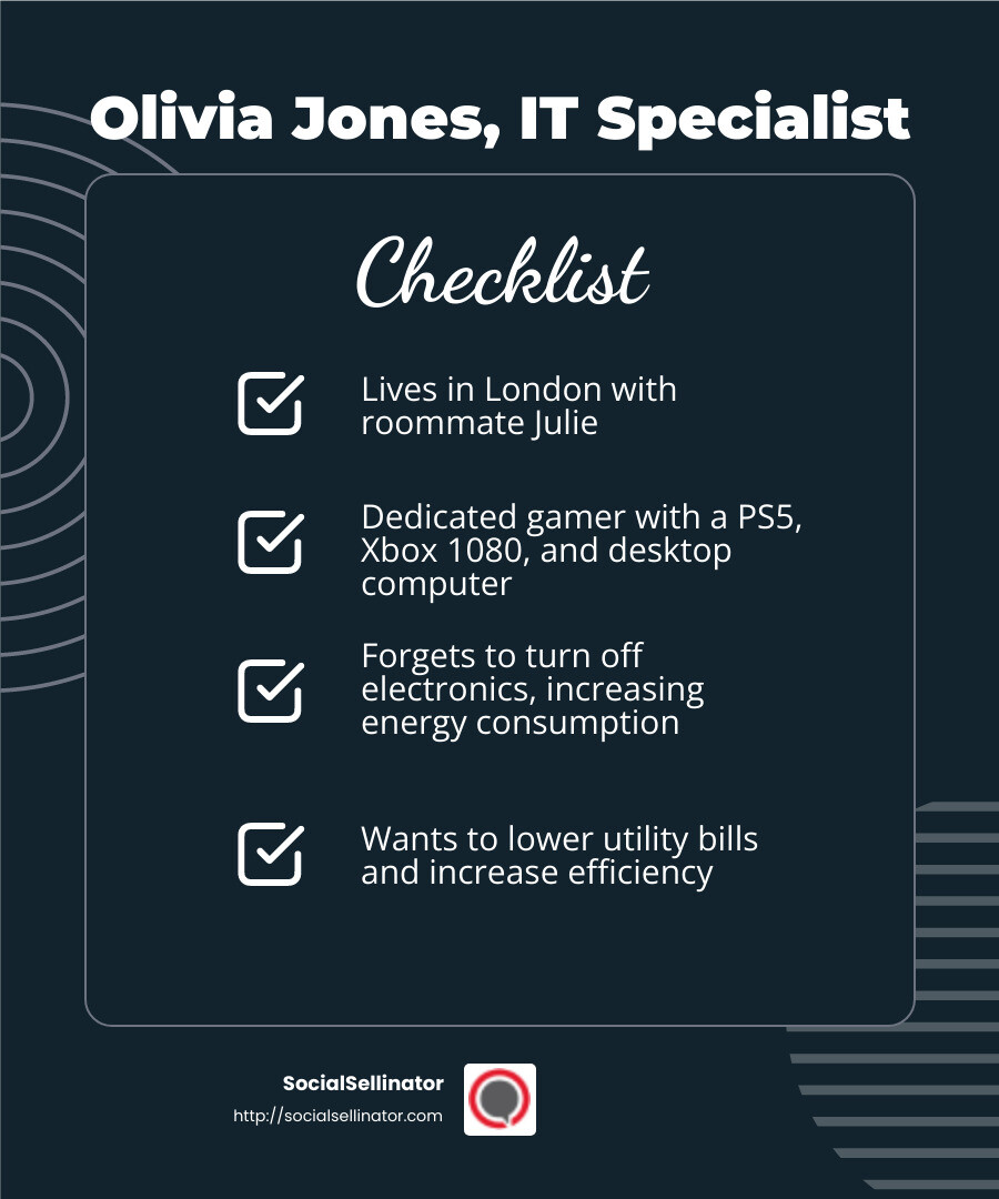 User Persona Example: Olivia Jones - marketing persona examples infographic checklist-dark-blue