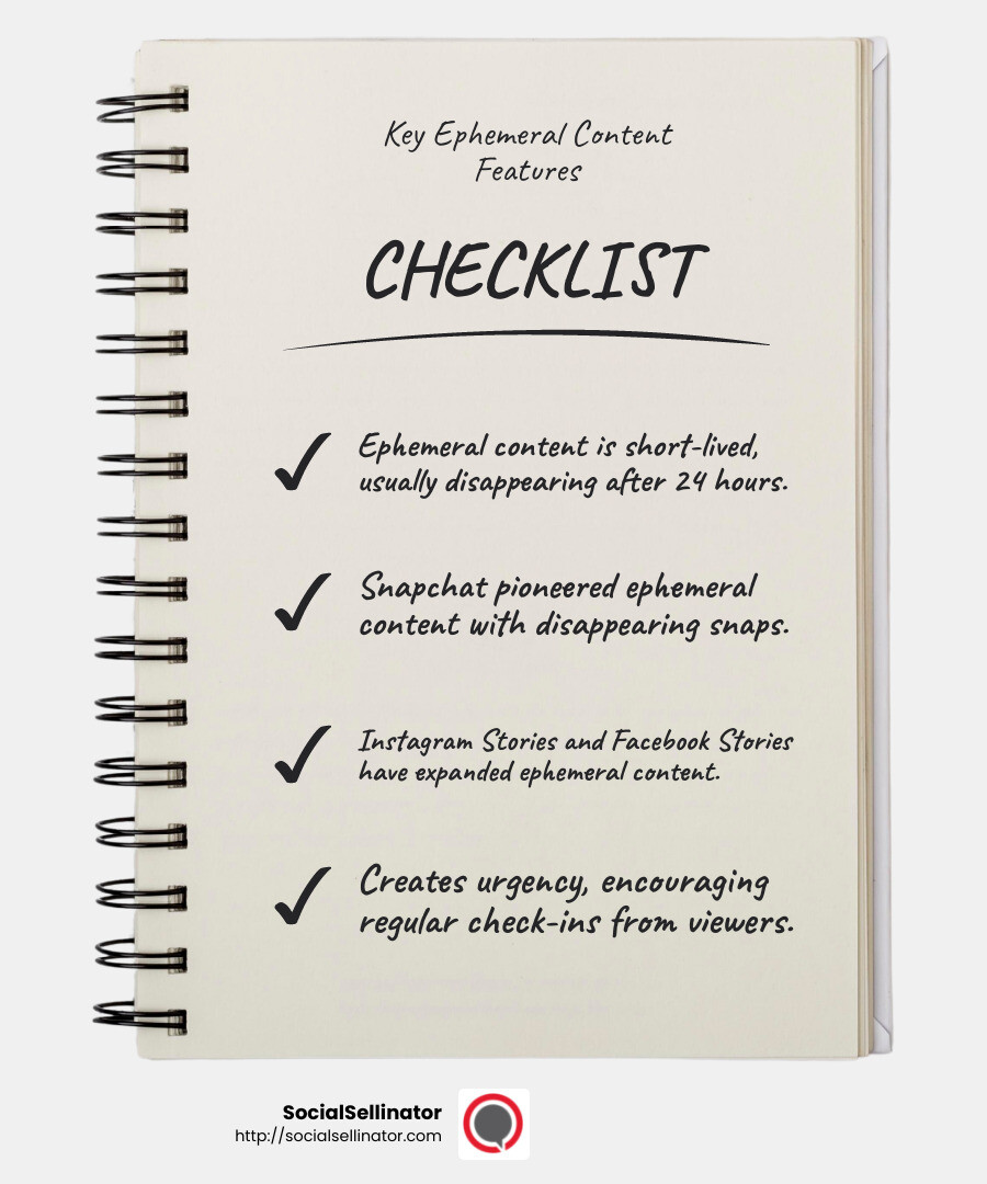 Ephemeral content is short-lived and disappears after a set time, usually 24 hours. - ephemeral content on social media infographic checklist-notebook