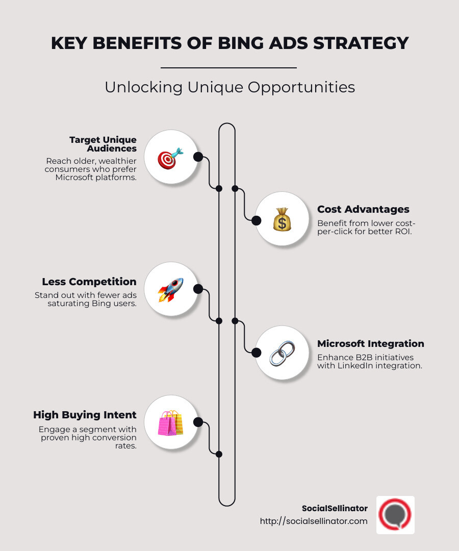 Infographic outlining Bing Ads strategy importance: targeting older, wealthier audience, lower CPC, and Microsoft integration. - Bing Ads strategy infographic infographic-line-5-steps-neat_beige