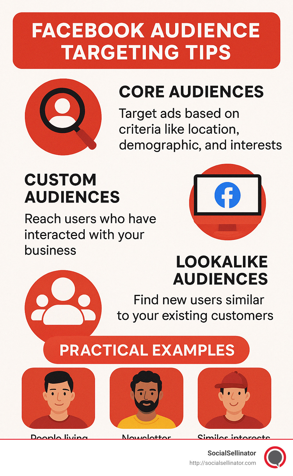 An infographic explaining the basics of Facebook audience targeting tips, covering core, custom, and lookalike audiences, along with practical examples for quick reference. - Facebook audience targeting tips infographic