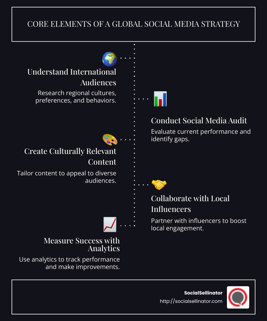 Detailed infographic illustrating the core elements and steps in building a global social media strategy, including audience research, content creation, influencer collaboration, local adaptation, and analytics tracking. - global social media strategy infographic infographic-line-5-steps-dark