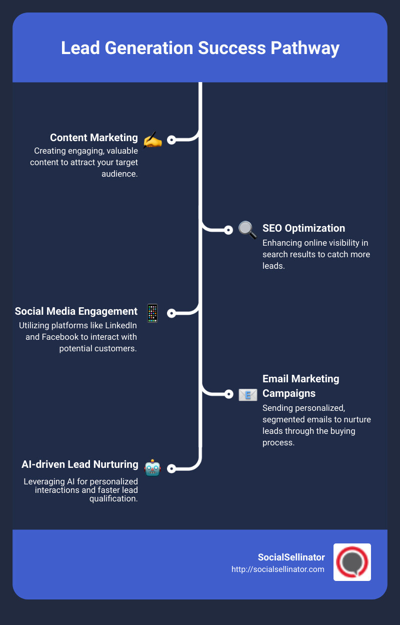 Illustration of a successful lead generation strategy: shows a funnel with steps from content creation, SEO optimization, social media engagement, email marketing campaigns, to AI-driven lead nurturing. Key metrics such as engagement rates, conversion rates, and ROI are highlighted to showcase the effectiveness of each strategy in contributing to overall business growth. - lead generation course infographic infographic-line-5-steps