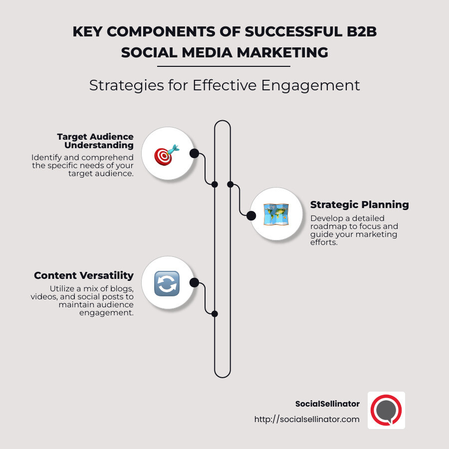 Infographic explaining key components of successful B2B social media marketing - b2b social media marketing case study infographic infographic-line-3-steps-neat_beige