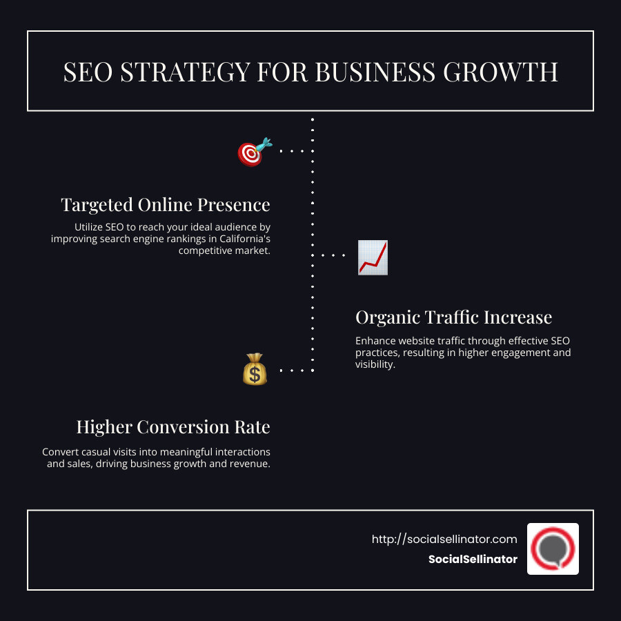 SEO strategy for business growth in California: targeted online presence, organic traffic increase, higher conversion rate - california seo company infographic infographic-line-3-steps-dark
