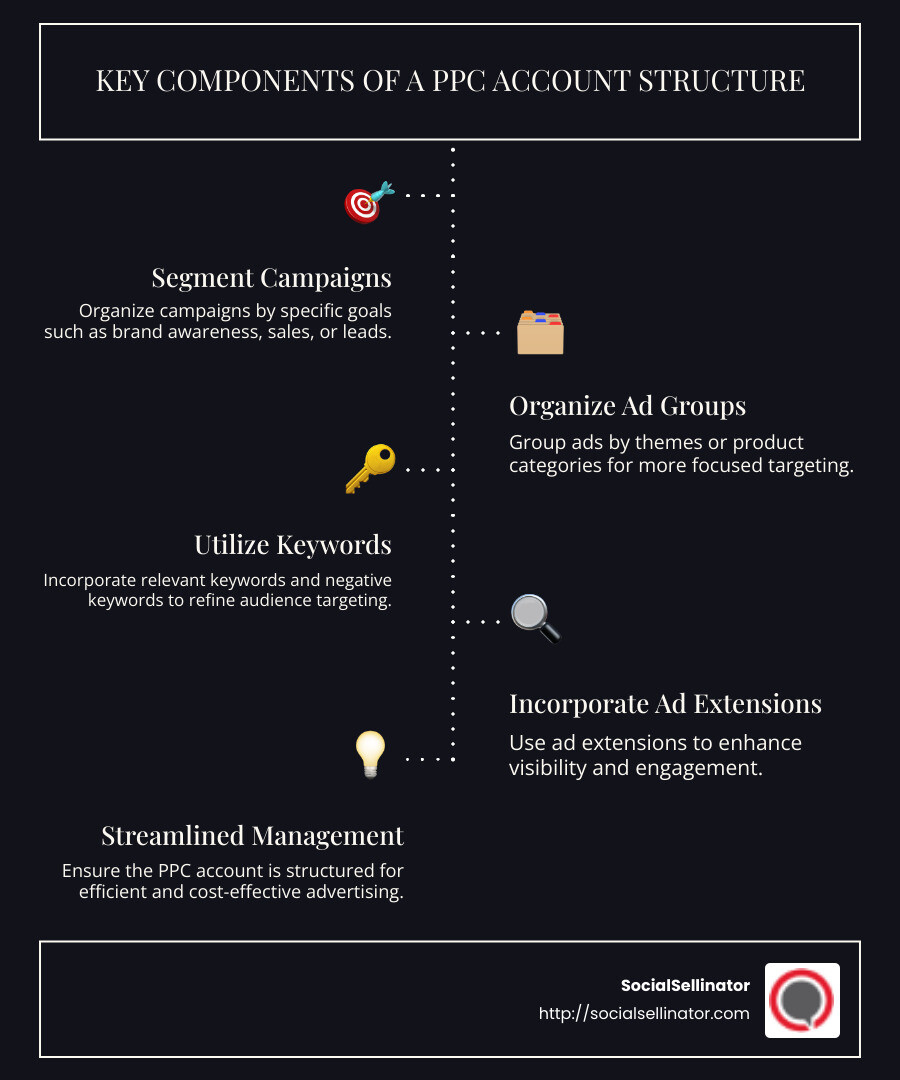 Infographic illustrating PPC account structure components and benefits - PPC account structure infographic infographic-line-5-steps-dark