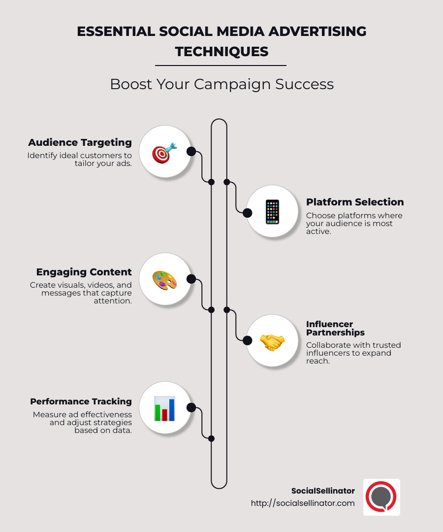 An infographic showing essential social media advertising techniques: Audience Targeting, Platform Selection, Engaging Content, Influencer Partnerships, and Performance Tracking. - social media advertising techniques infographic infographic-line-5-steps-neat_beige