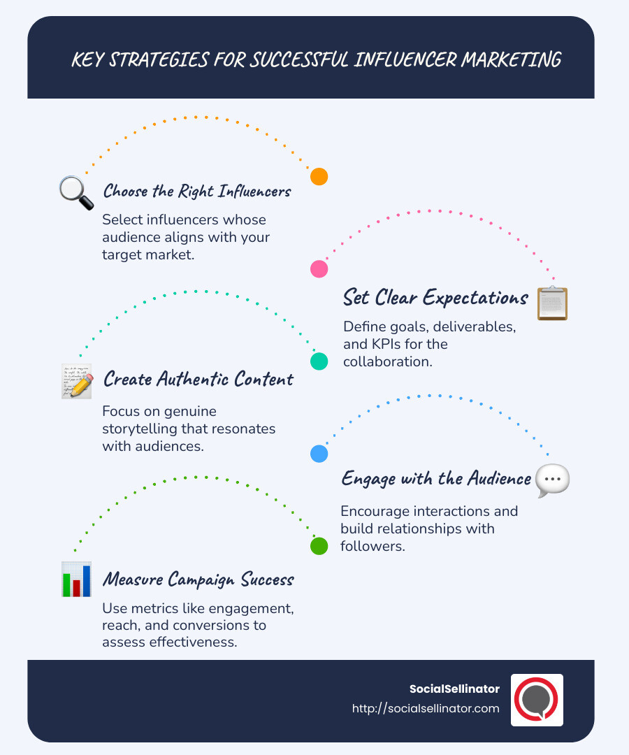 Infographic showing key strategies for successful influencer marketing such as choosing the right influencers, setting clear expectations, and measuring campaign success - Social media influencer collaboration infographic infographic-line-5-steps-blues-accent_colors