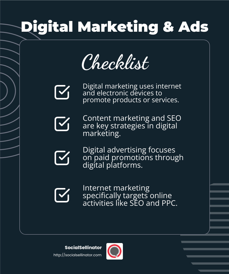 Digital marketing involves reaching audiences across various platforms and devices. - digital marketing and advertising services infographic checklist-dark-blue