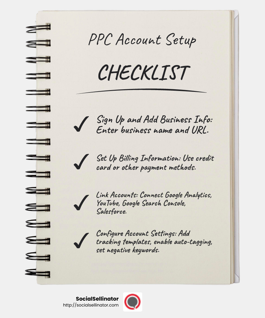 Setting Up Your PPC Account - PPC account setup infographic checklist-notebook