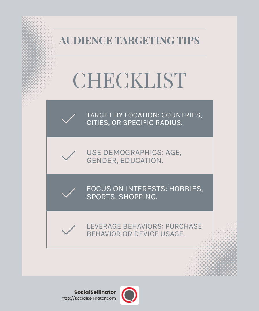 Facebook's targeting capabilities - Facebook ad campaign management infographic checklist-light-blue-grey