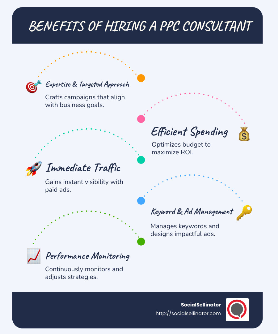The Role and Benefits of a PPC Consultant - ppc consultant campaign management infographic infographic-line-5-steps-blues-accent_colors