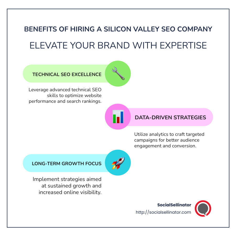 Infographic of Silicon Valley SEO company benefits and services - Silicon Valley SEO company infographic infographic-line-3-steps-colors