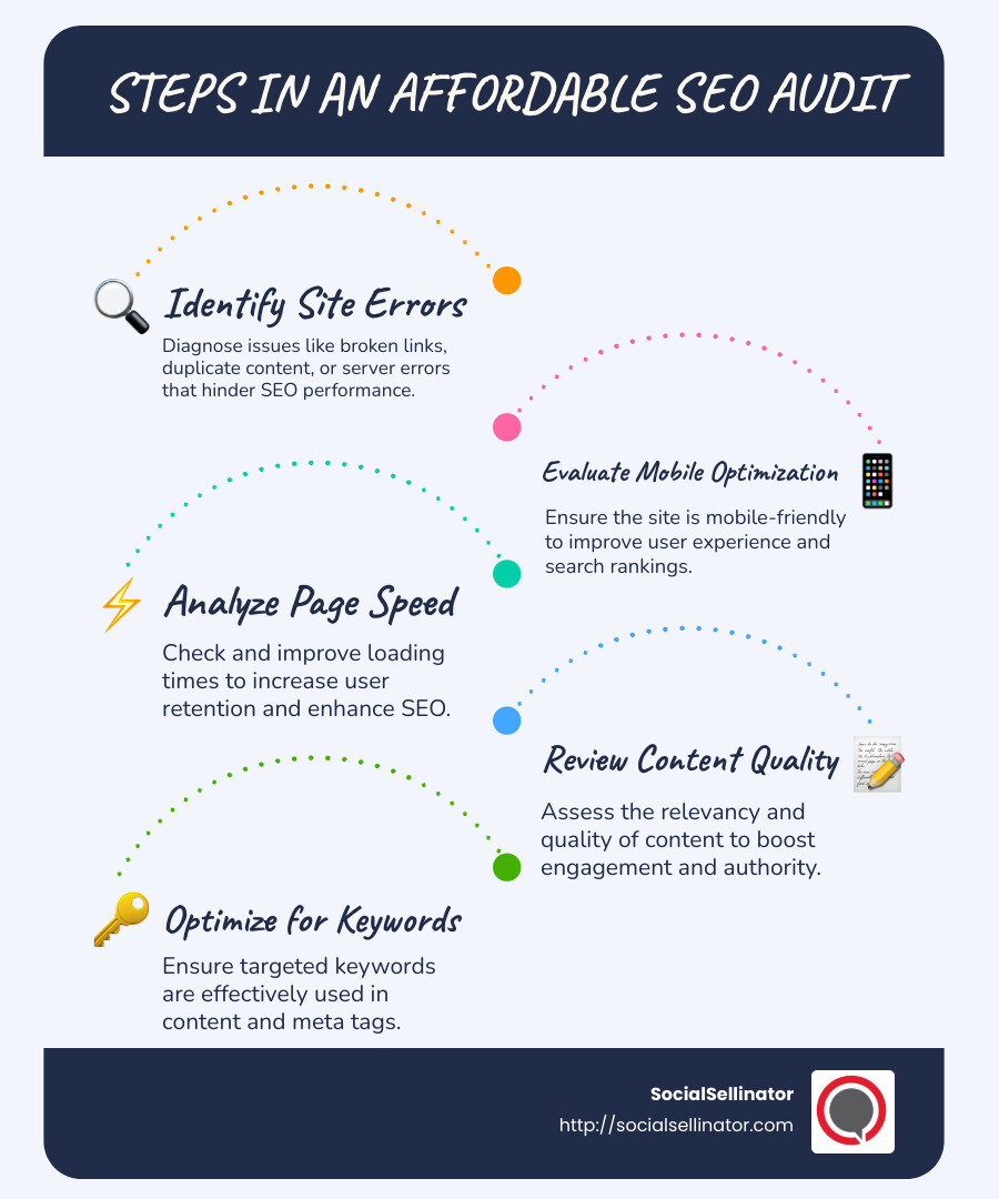 Infographic showing steps involved in an affordable SEO audit, identifying key areas such as site errors, mobile optimization, and page speed. Layered approach highlighting cost-effective strategies - Affordable SEO audit services infographic infographic-line-5-steps-blues-accent_colors