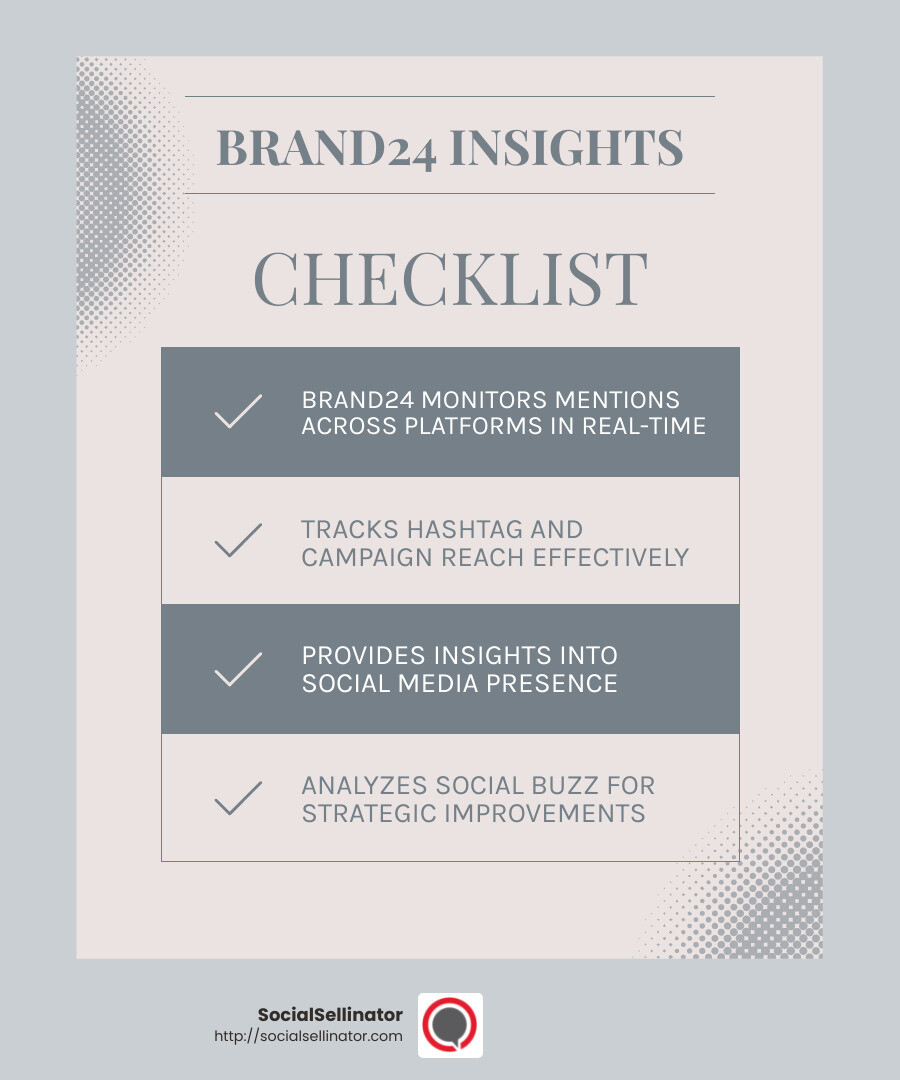 Brand24 allows businesses to track mentions and reach across major social platforms. - social media reach calculator infographic checklist-light-blue-grey