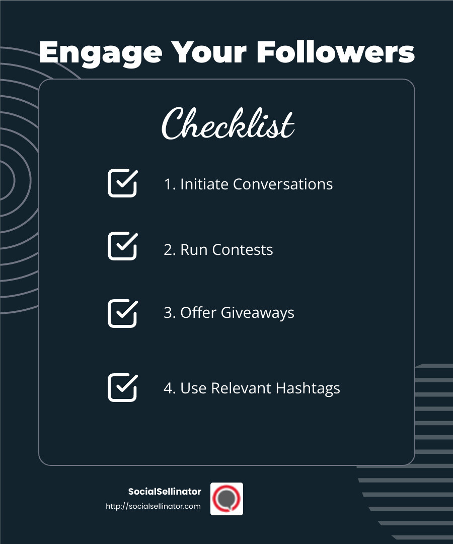 Engage your followers by initiating conversations, running contests, or offering giveaways. - provider smm infographic checklist-dark-blue