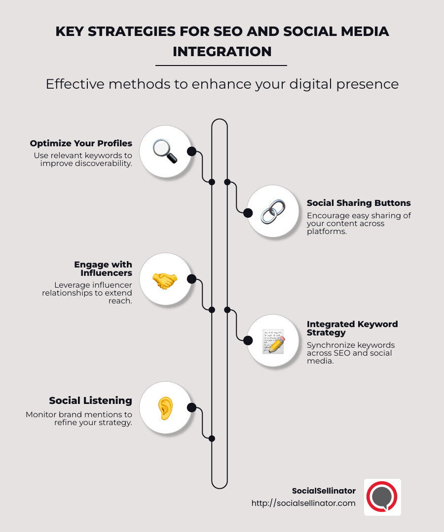 Key Strategies for SEO and Social Media Integration - Social media and SEO integration infographic infographic-line-5-steps-neat_beige