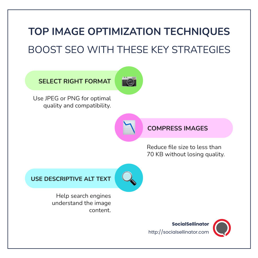 Detailed infographic showing top image optimization techniques including proper file format, compression, and use of alt text, accompanied by visuals of various tools for image compression and examples of optimized filenames - How to optimize images for SEO? infographic infographic-line-3-steps-colors
