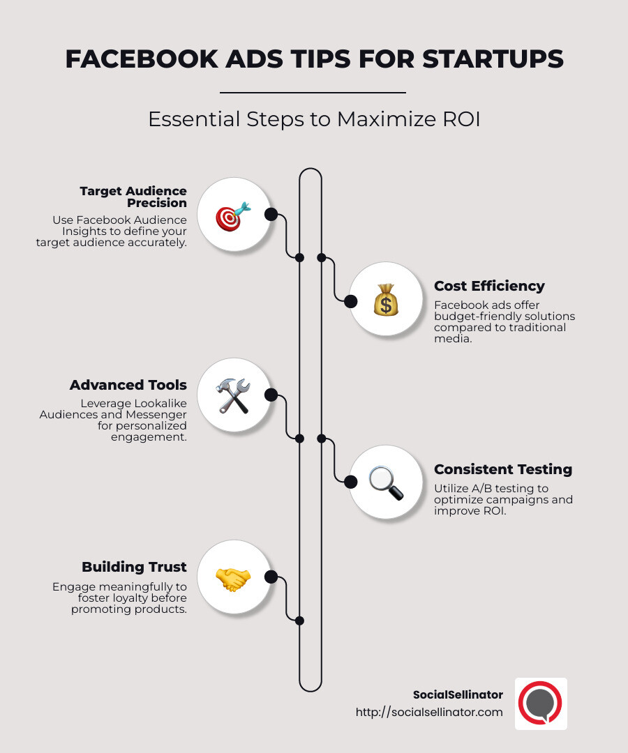 Infographic detailing Facebook Ads tips for startups: target audience precision, cost efficiency, advanced tools, consistent testing, trust-building - Facebook Ads for Startups infographic infographic-line-5-steps-neat_beige