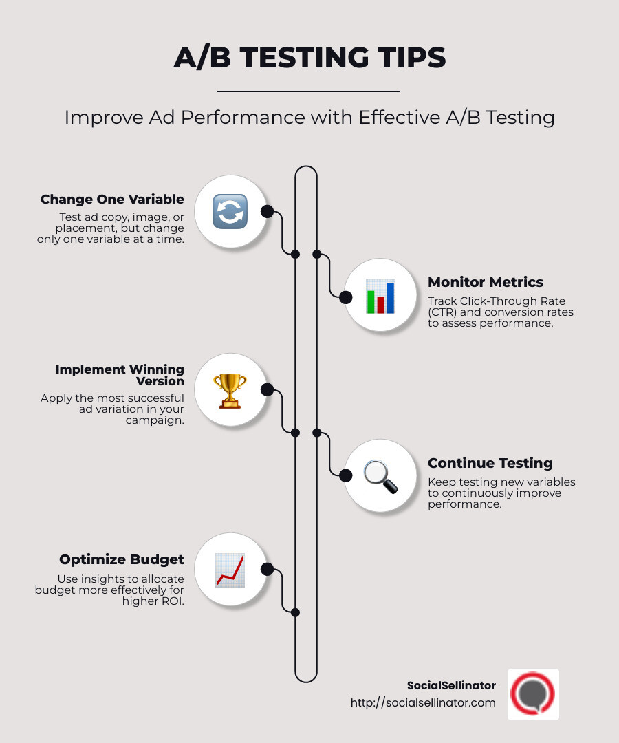 A/B testing improves ad performance by identifying the most effective elements. - facebook marketing price infographic infographic-line-5-steps-neat_beige