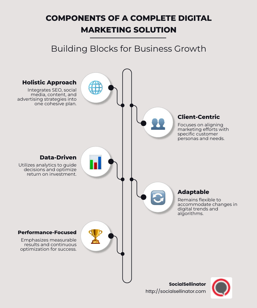 Infographic detailing components of a complete digital marketing solution - complete digital marketing solution infographic infographic-line-5-steps-neat_beige