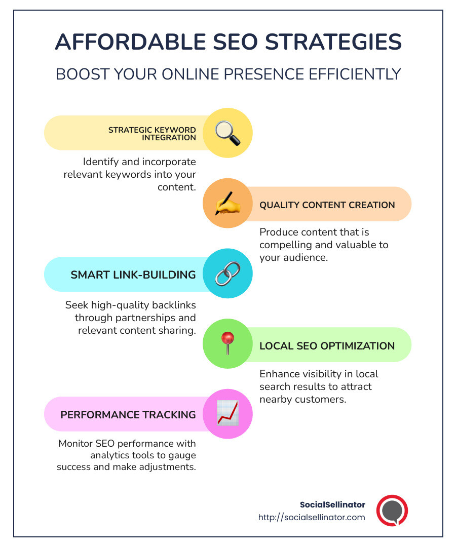 Affordable SEO and marketing strategies infographic: keywords, content, backlinks, local SEO, performance tracking, cost-effective solutions, expert services - Affordable SEO and marketing infographic infographic-line-5-steps-colors