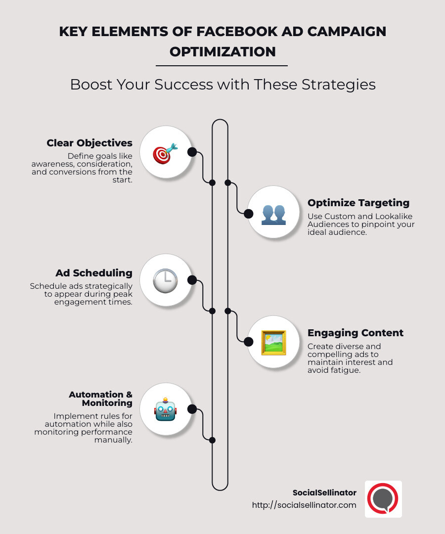 Infographic showing key elements of Facebook ad campaign optimization, including clear objectives, audience targeting, ad scheduling, engaging content, and the use of automation and monitoring - Facebook ad campaign optimization infographic infographic-line-5-steps-neat_beige