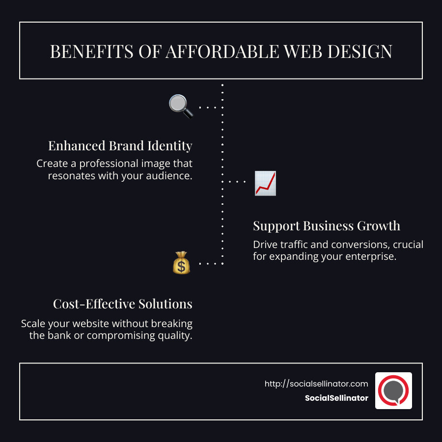 Infographic showing affordable web design benefits - Cheap website design services infographic infographic-line-3-steps-dark
