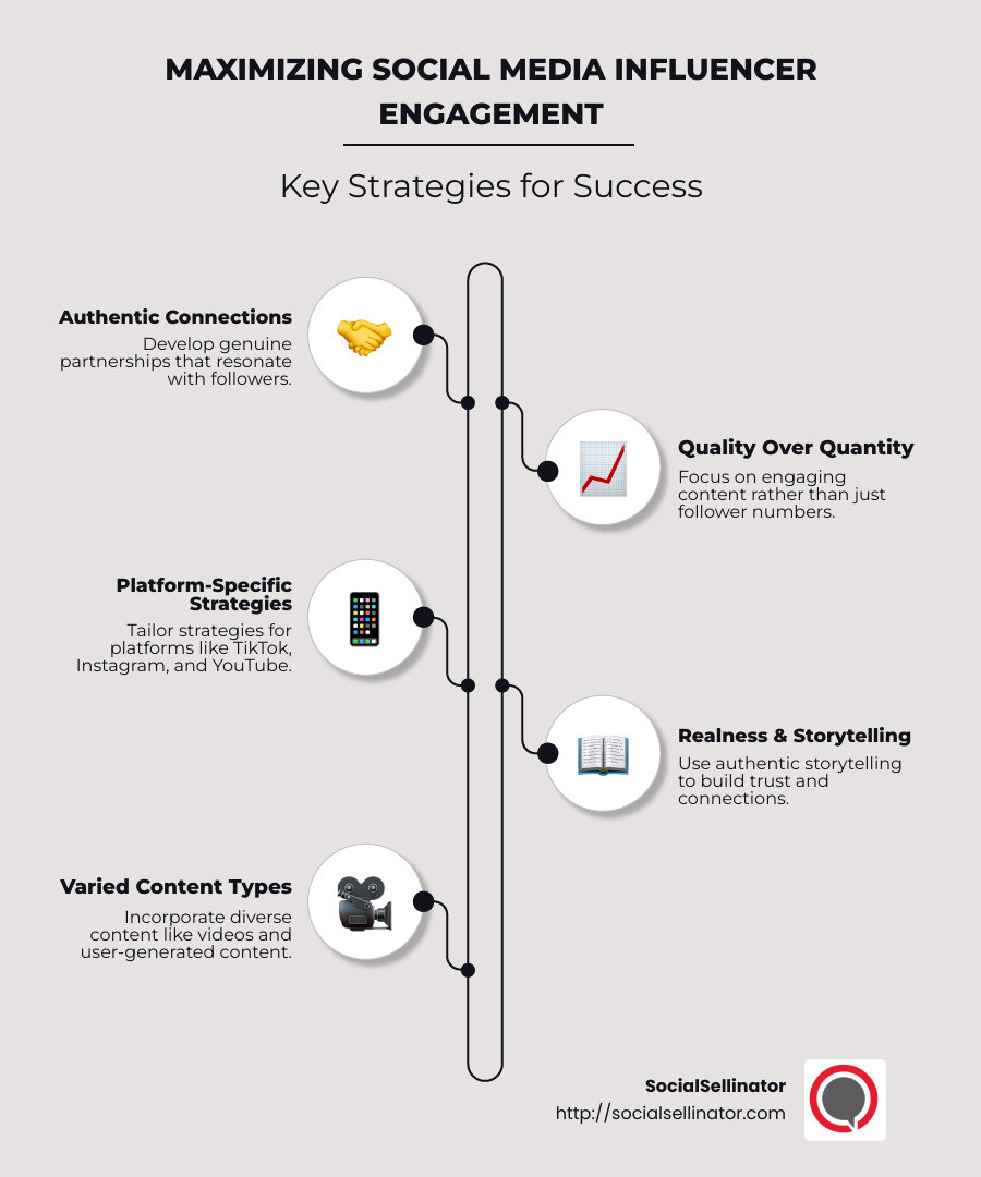 An infographic about maximizing social media influencer engagement, highlighting key strategies: authentic connections, platform-specific strategies, and quality over quantity. - Social media influencer engagement infographic infographic-line-5-steps-neat_beige