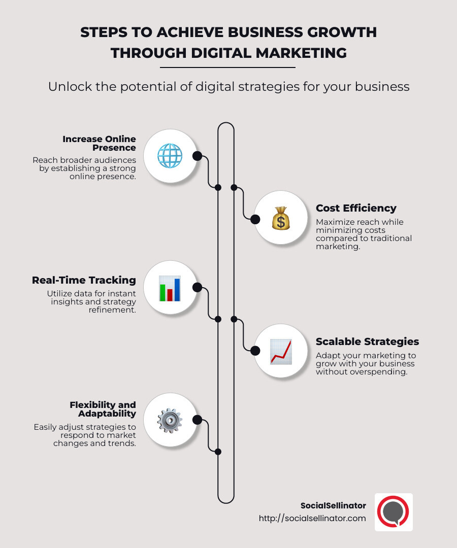 Infographic detailing strategies for digital marketing that drive business growth - business growth through digital marketing infographic infographic-line-5-steps-neat_beige
