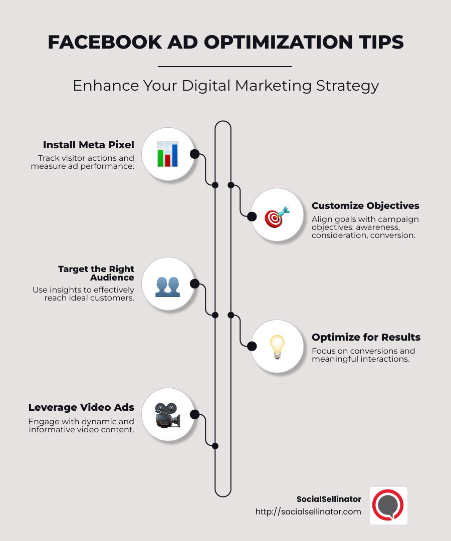 Infographic detailing quick tips for effective Facebook ad optimization - Facebook ad optimization tips infographic infographic-line-5-steps-neat_beige