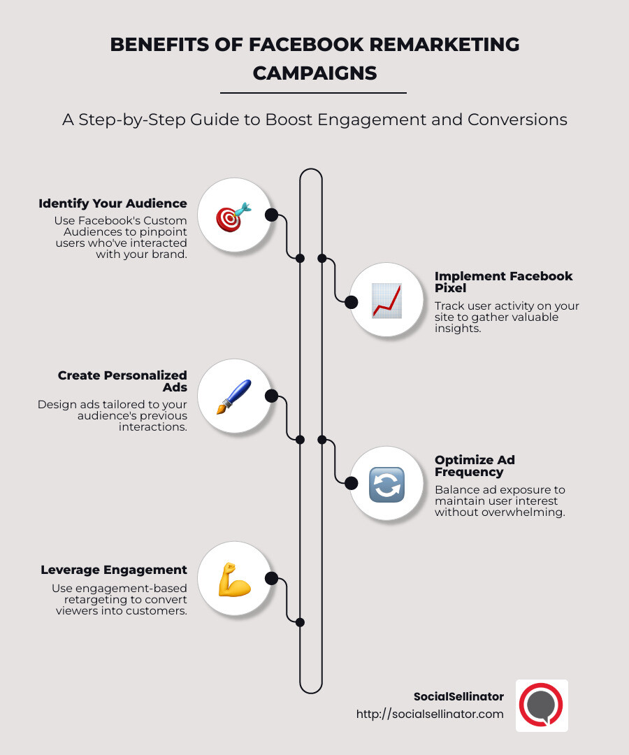 Facebook remarketing campaign benefits infographic describing step-by-step process, benefits, and potential ROI outcomes for businesses using Facebook ads to engage existing customers through retargeting tactics to boost conversions and brand recall - Facebook remarketing campaigns infographic infographic-line-5-steps-neat_beige