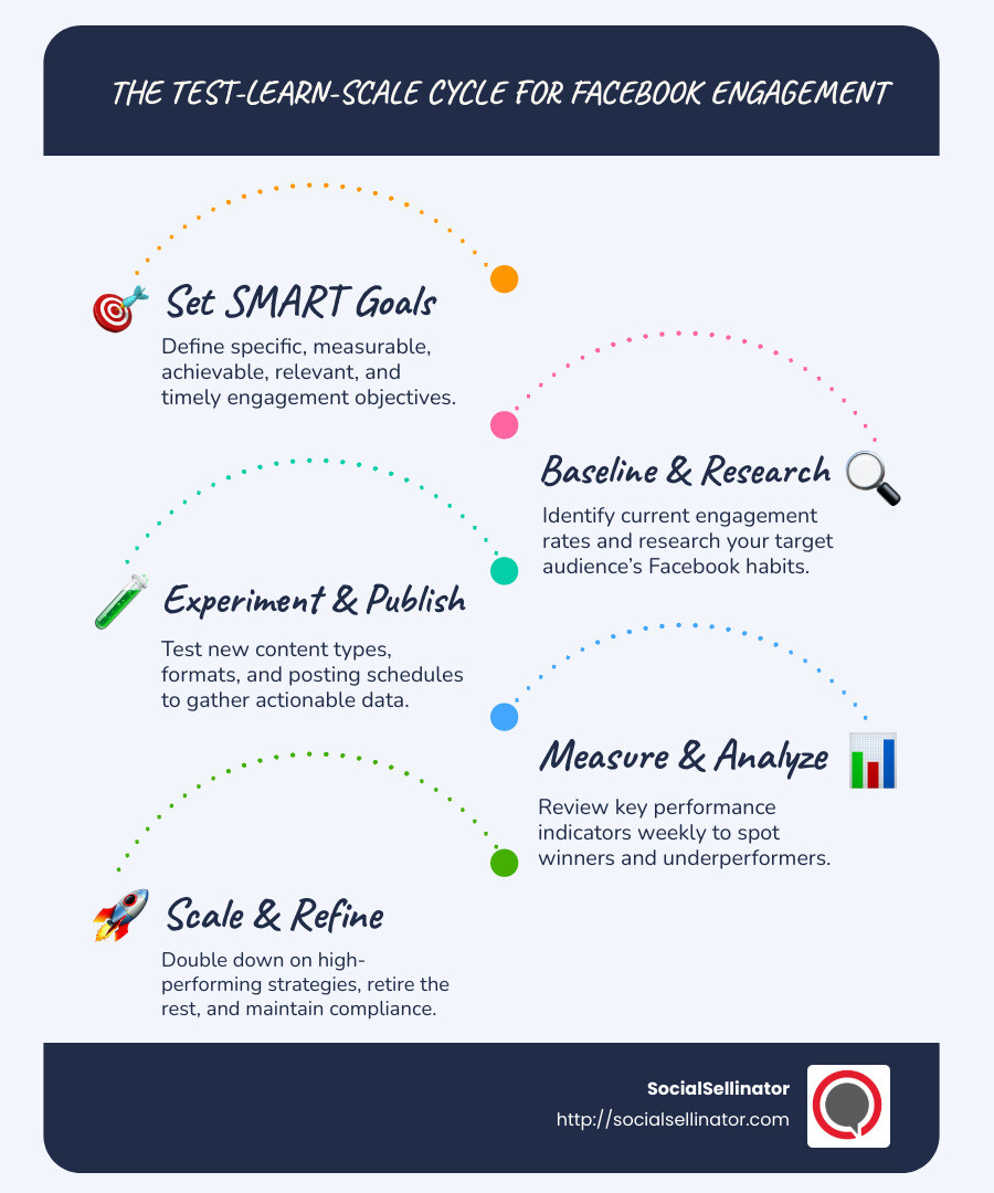 Visualization of the test-learn-scale cycle for Facebook engagement optimization, showing the flow from hypothesis to measurement to scaling successful tactics - Facebook engagement strategies infographic infographic-line-5-steps-blues-accent_colors