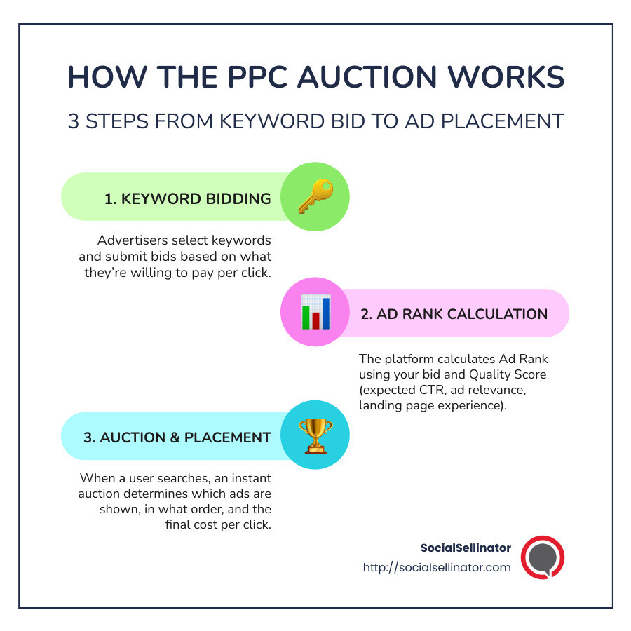PPC auction process showing how ads are ranked based on bid amount and quality score, with steps including keyword bidding, ad rank calculation, auction entry, and placement on search results - ppc campaign marketing infographic infographic-line-3-steps-colors