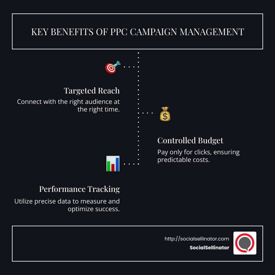 Infographic showing key benefits of PPC campaign management - ppc campaign management infographic infographic-line-3-steps-dark