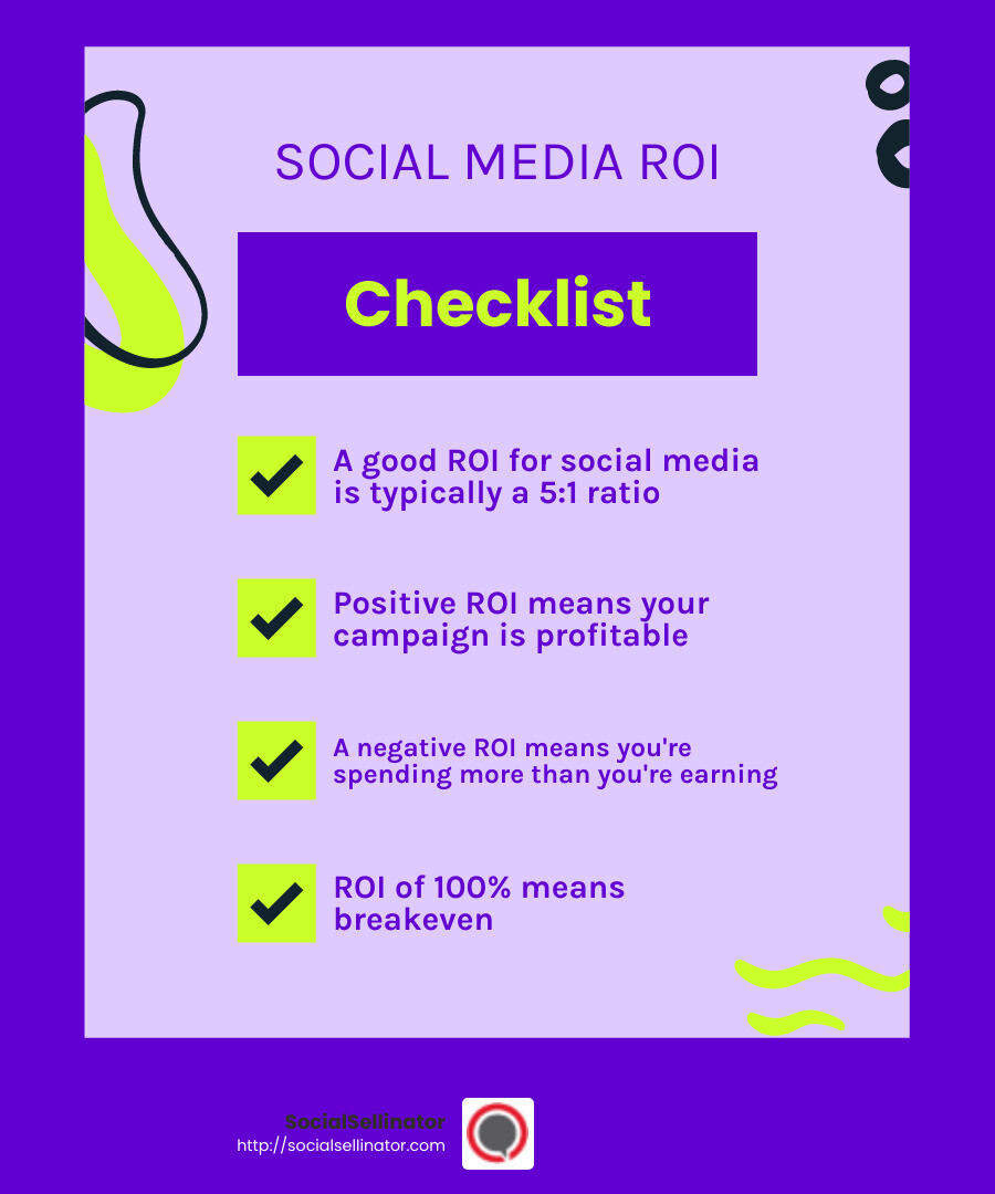 Good ROI for Social Media - calculate social media revenue infographic checklist-fun-neon