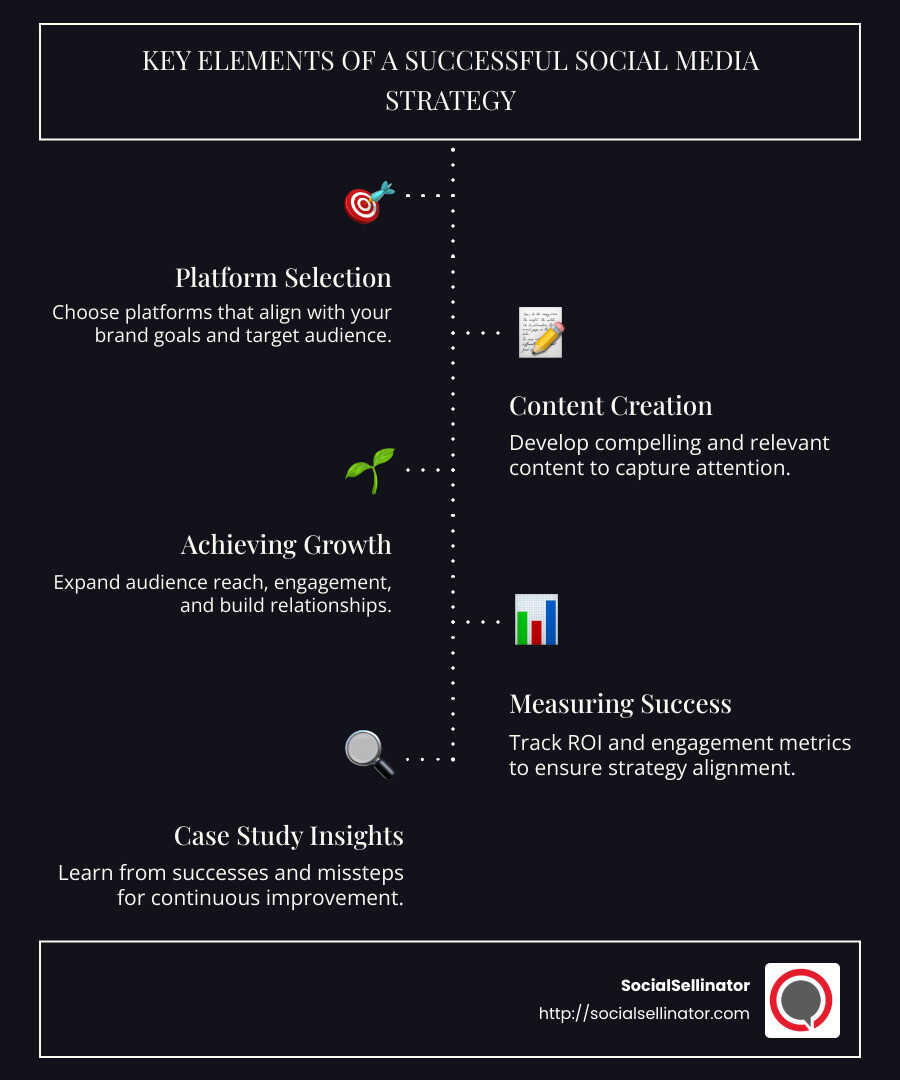Detailed infographic showing key elements of successful social media strategy case studies, including essential metrics, audience engagement tactics, platform choices, and successful content types - social media strategy case study infographic infographic-line-5-steps-dark Detailed infographic showing key elements of successful social media strategy case studies, including essential metrics, audience engagement tactics, platform choices, and successful content types - social media strategy case study infographic infographic-line-5-steps-dark
