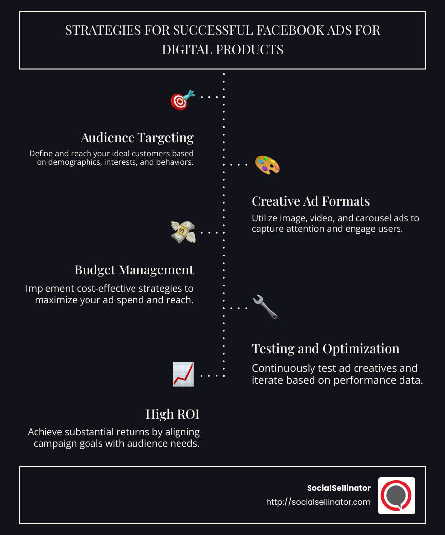 Infographic depicting the benefits and strategies of Facebook Ads for Digital Products: audience targeting, creative ad formats, retargeting strategies, testing and optimization - Facebook Ads for Digital Products infographic infographic-line-5-steps-dark
