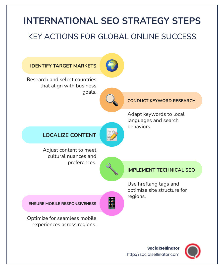 Infographic of International SEO strategies: target markets, keyword research, content localization, technical SEO adjustments; visual flowchart with icons - International SEO strategies infographic infographic-line-5-steps-colors
