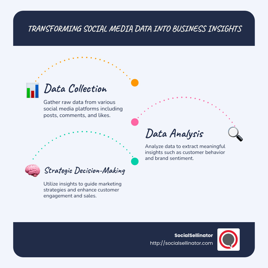 "Infographic showing change steps of social media data into business insights" - social media analytics case study infographic infographic-line-3-steps-blues-accent_colors