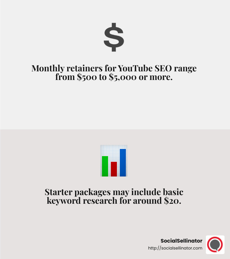 SEO Pricing FAQ: Monthly retainers for SEO range from $500 - $5,000 or more. - austin youtube seo service infographic 2_facts_emoji_grey