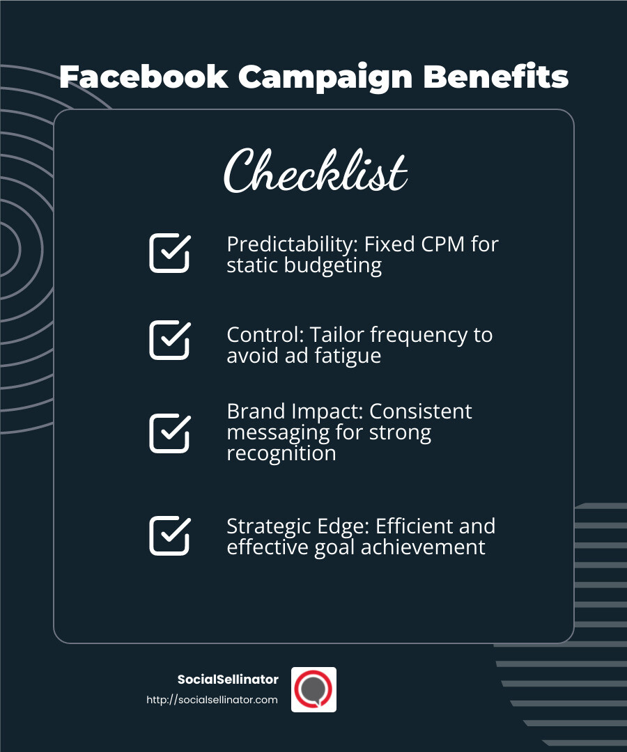 Predictability and Control in Facebook Campaigns - Facebook reach and frequency campaigns infographic checklist-dark-blue