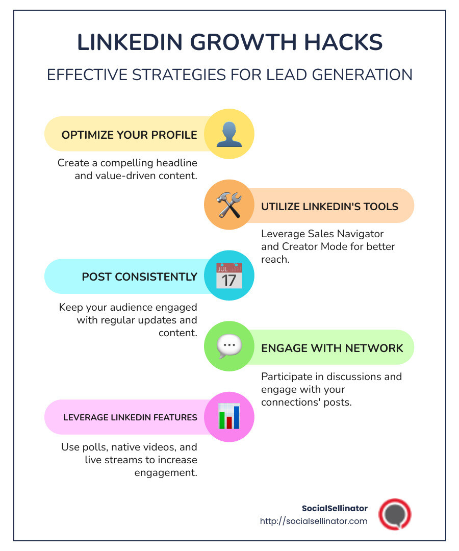 LinkedIn Growth Hacks Infographic - LinkedIn growth hacks infographic infographic-line-5-steps-colors